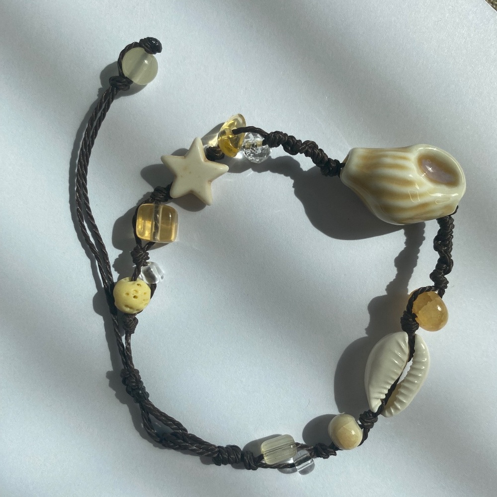 Handmade Brown Seashell Beach Bracelet with Adjustable Dark Brown Waxed Cord